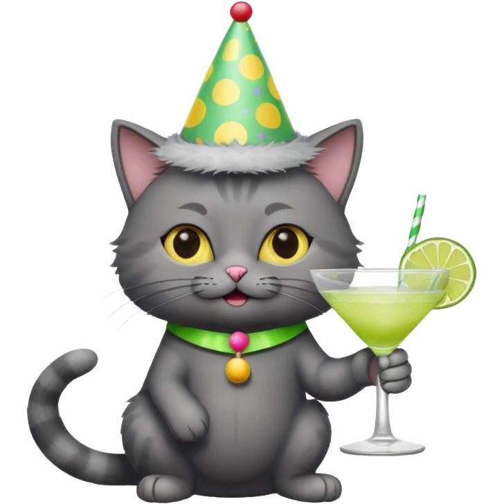 A dark grey cat is wearing a party hat, and drinking a margarita. emoji
