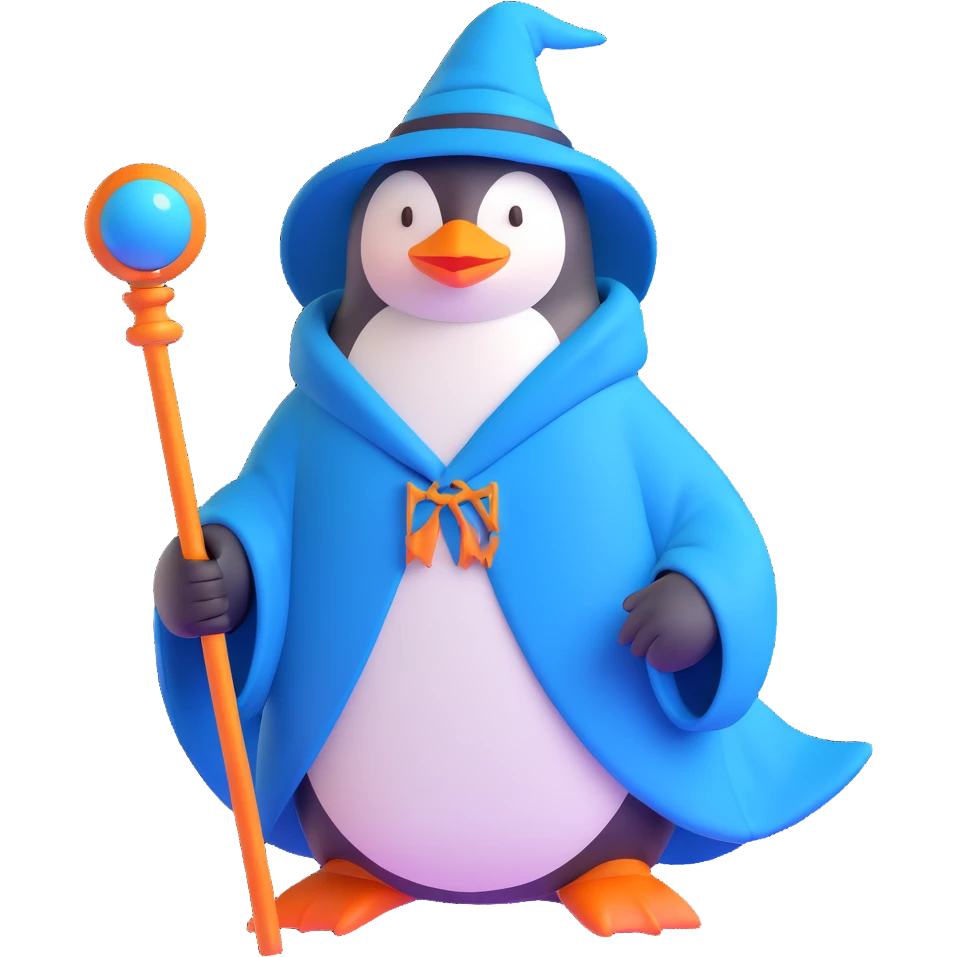 penguin wizard with a blue robe and magical staff emoji