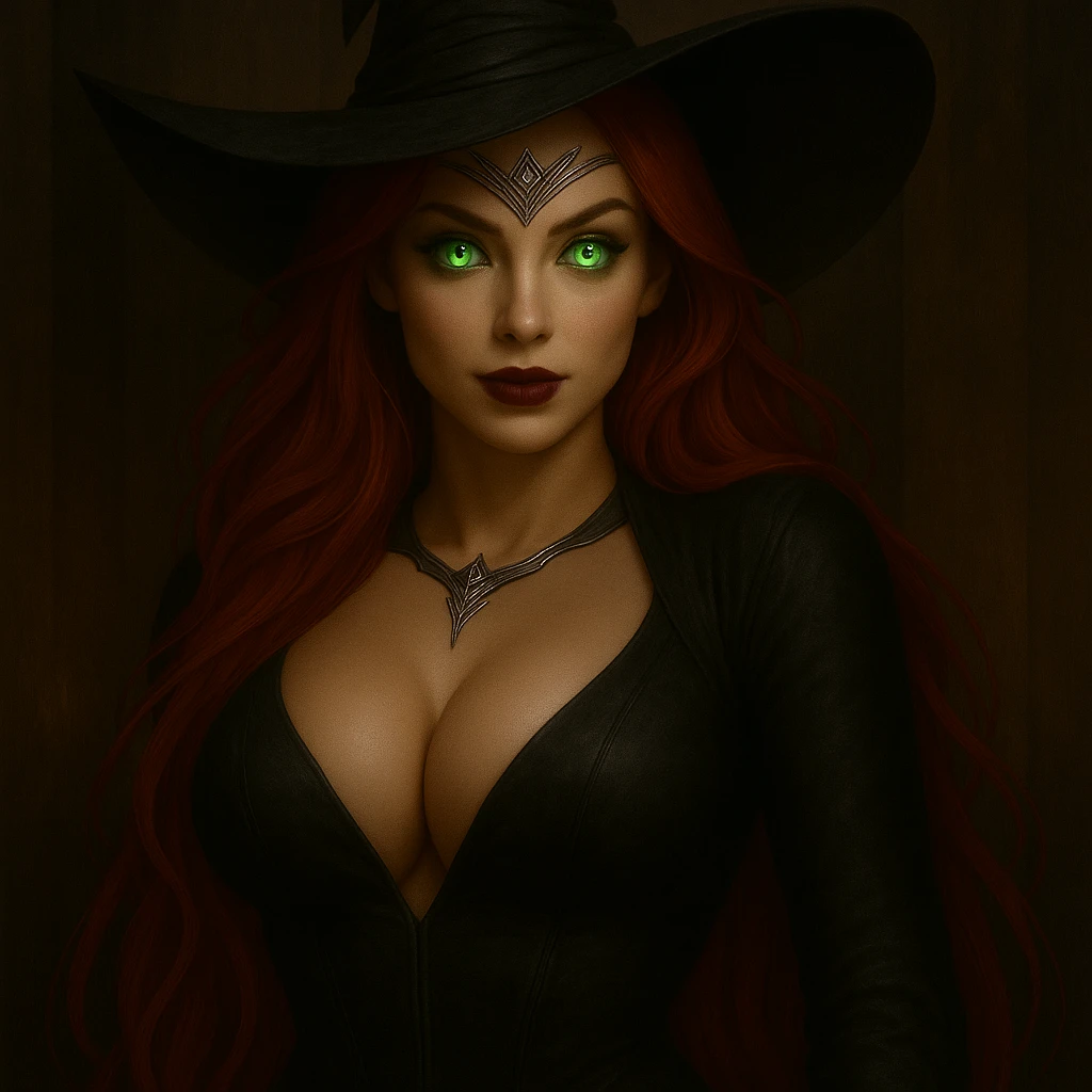 Edit the witch queen's eyes to be a bright, unnatural green with a subtle glow, ensuring the eye details remain visible. Keep her long bright red hair, larger breasts, and the silver crown-like tattoo on her forehead as they are. The style should maintain the original look of the image. emoji