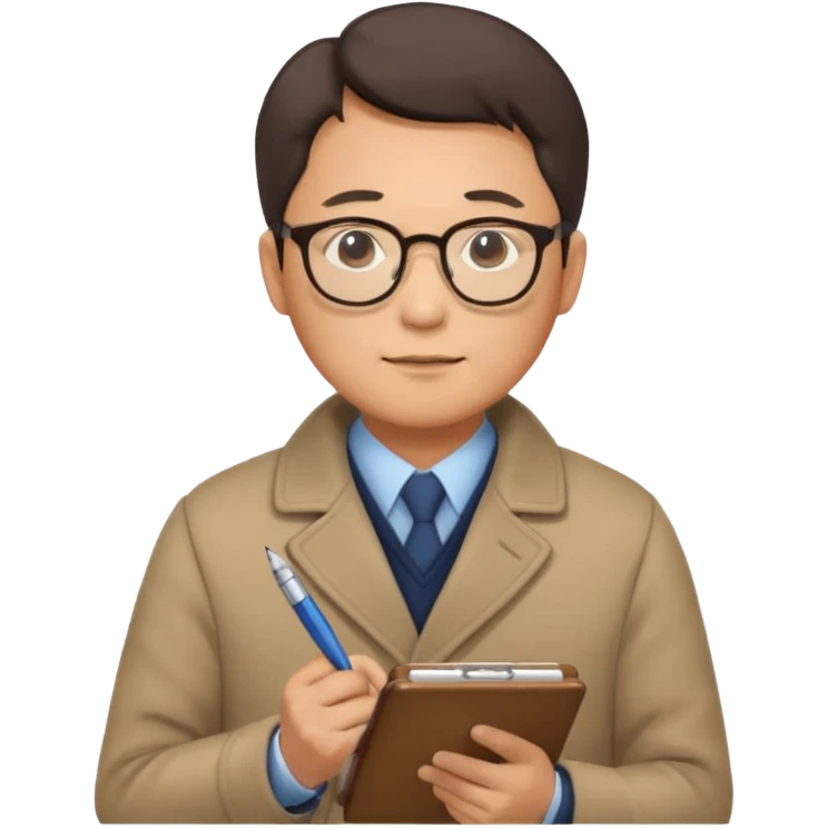 Middle-aged asian male vet – glasses, coat, writing notes on clipboard. emoji
