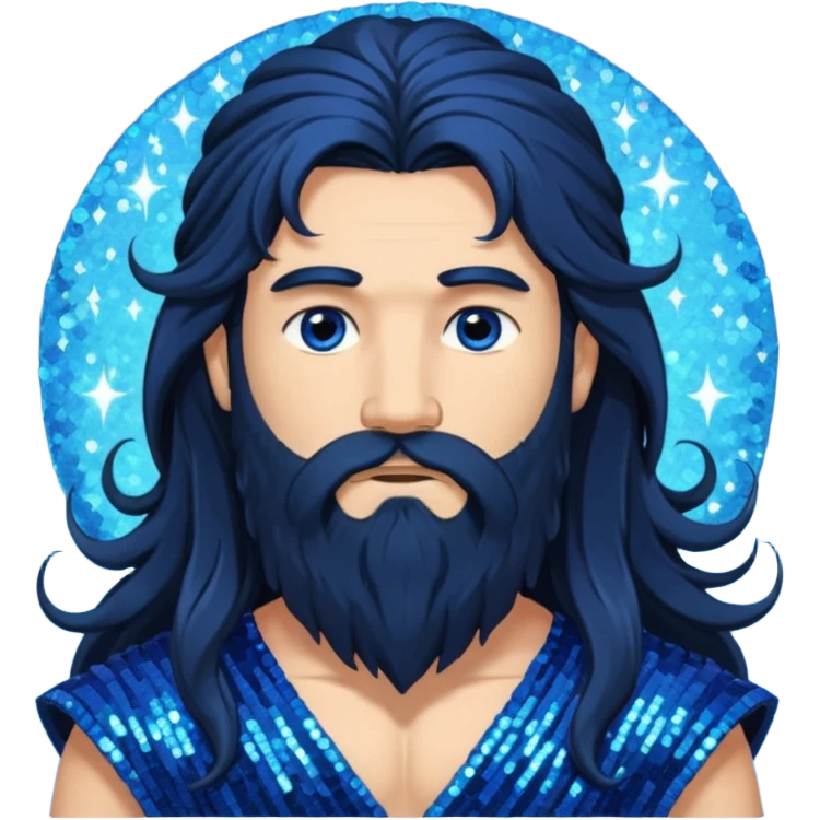 Boreas, God of North Wind from Gods and Goddesses with long black shaggy hair and beard, deep blue sequin outfit emoji
