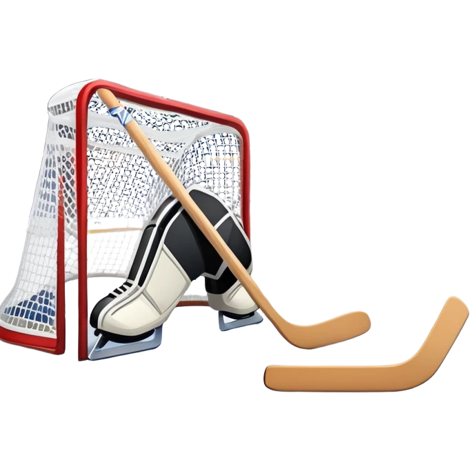 An icon showing a close-up of a hockey stick, puck, skates, and hockey net placed on the ice. The background features a packed stadium with bright lights, cheering fans, and snowy scenery outside. Transparent background highlights the key elements of the game. emoji