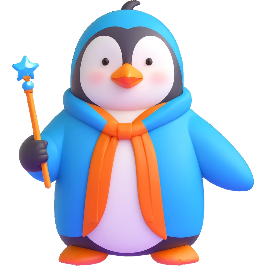 penguin wizard with a blue robe and sparkly wand emoji
