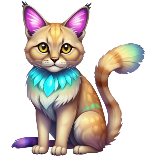 Colorful Neon exotic ethereal iridescent tropical shiny Fantasy-Siamese-Bobcat-Caracal-Moth-Scottish-Fold-feline-Fakémon-feline-hybrid (full body) emoji
