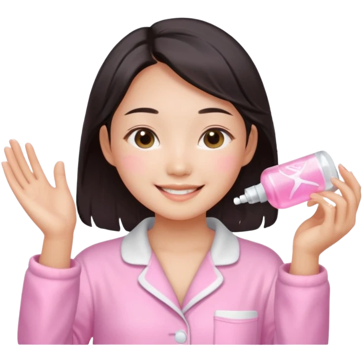 angelic asian girl doing skin care in pink pajamas, smiling with glowing skin emoji