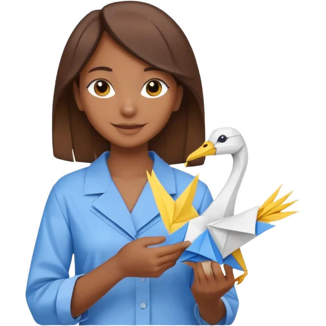 happy-african-young-girl-with-brown-hair-in-a-white-kanga-shirt-holds-an-origami-yellow-and-blue-crane emoji