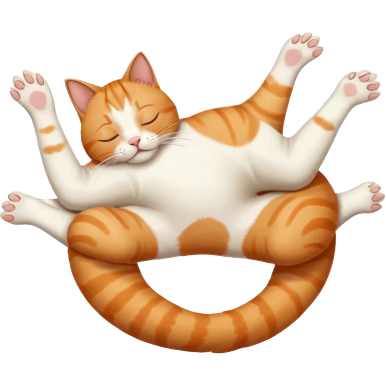 ginger and white small cat eyes closed lying down upside down with paws stretched out in different directions emoji