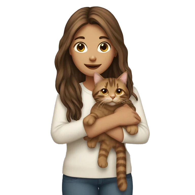 Long brown-haired girl holding long haired tabby cat emoji