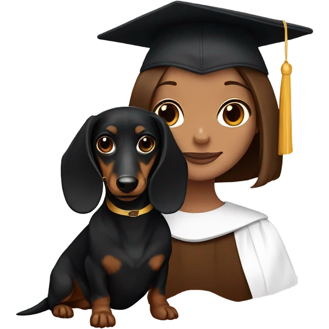 Brown haired white girl in graduation cap holding dark brown long haired dachshund  emoji