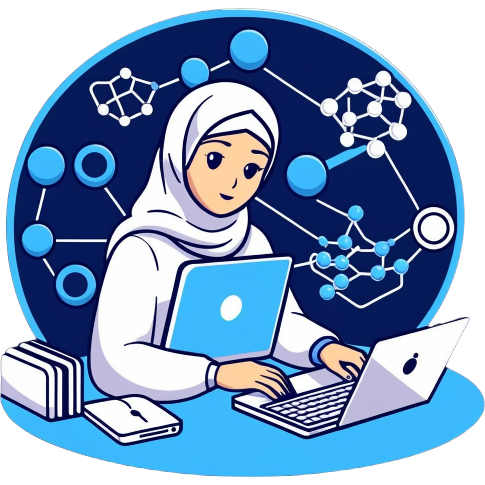 computer engineer with white hijab in blue clothes, surrounded by next-gen holographic displays showing 3D molecular structures, advanced algorithm visualizations, futuristic UI, quantum computing elements, digital brain patterns emoji