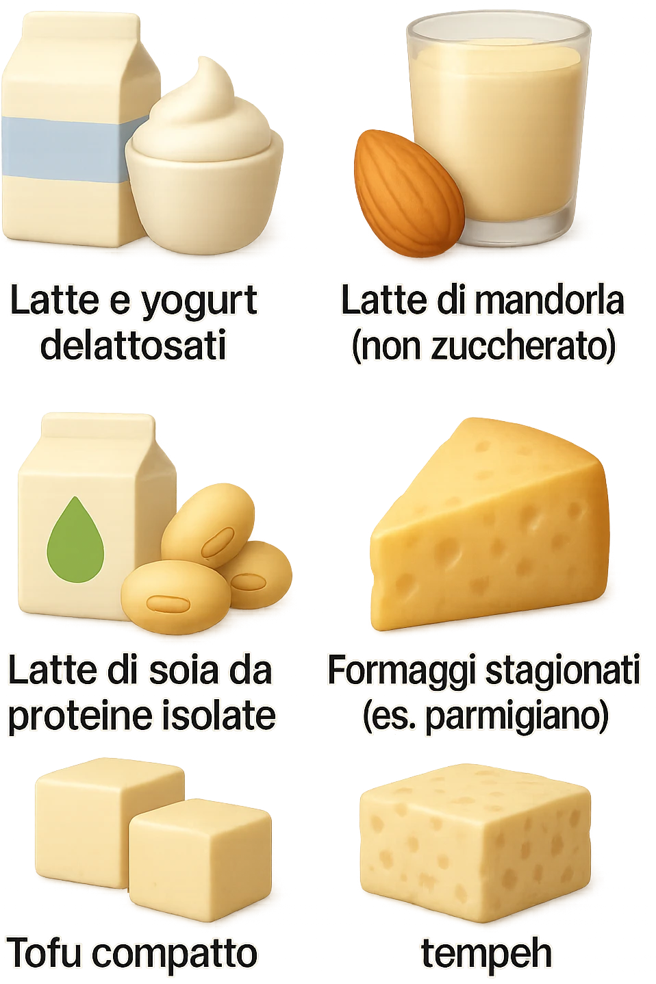 emoji stile iphone 3d di questi elementi che fluttuano in aria:

Latte e yogurt delattosati
Latte di mandorla (non zuccherato)
Latte di soia da proteine isolate
Formaggi stagionati (es. parmigiano)
Tofu compatto e tempeh
 che fluttuano in aria,  le etichette scrivile in italiano, iperealistico 4k emoji