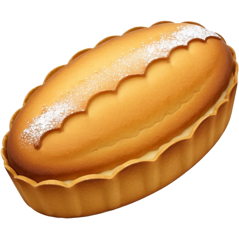 A madeleine pastry. Oval shaped. With scalloped single edge. emoji