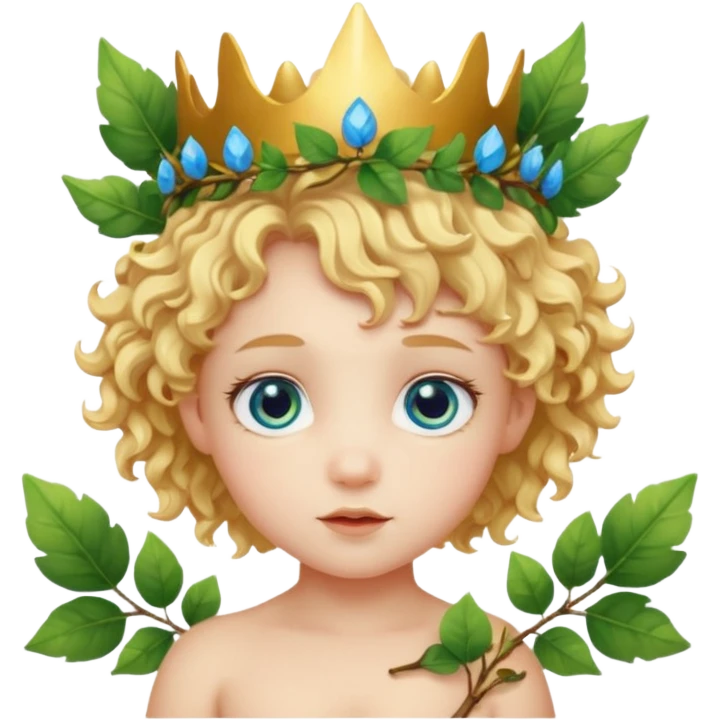 Cute Cupid character head with a large forehead, big bright blue eyes, and short, voluminous curly golden blond hair. A green leafy branch crown sits on the head. Stylized, colorful, cartoon look focused on innocence and cuteness. emoji