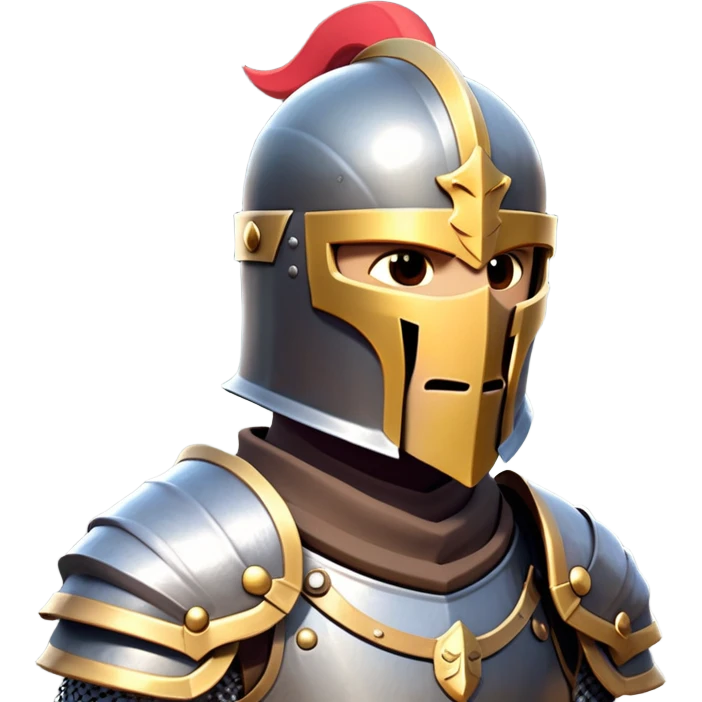 clash-of-clans-aesthetic_-cinematic-fearsome-and-majestic-knight-bust-portrait-emoji, rendered in a flat, vector-style with minimal shading and bold, simplified shapes, depicting a battle-ready medieval knight with steely eyes and intricate armor, mounted on a warhorse reflecting sunlight over a misty battlefield. emoji