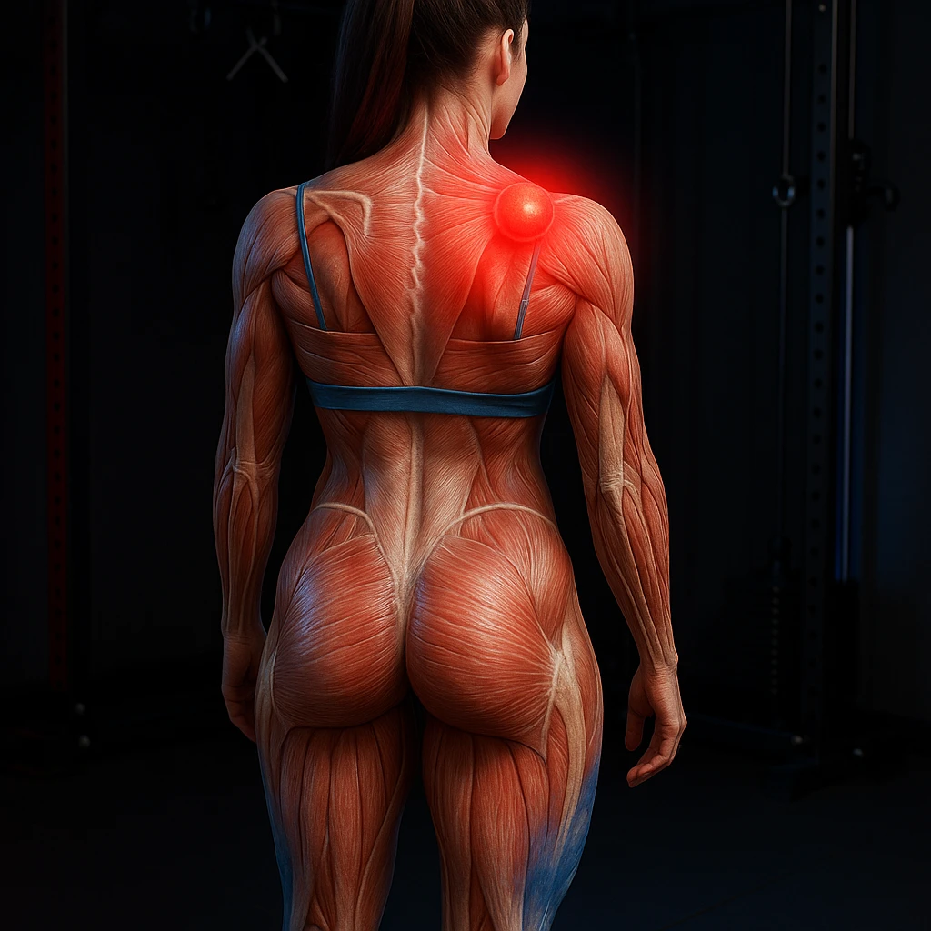 Anatomical hyperrealistic 4K view of a woman from the back in a gym environment, showing a muscle contracture as a clearly visible knot on the left side of the upper back muscles, translucent muscles and skin, with a red halo. Knot positioned higher. emoji