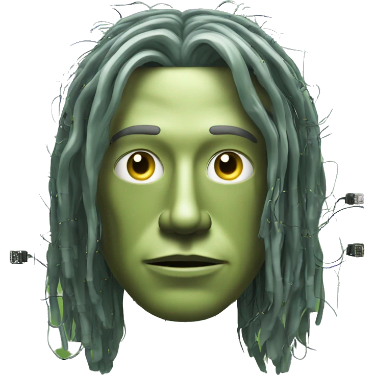 Olive green long hair man cyborg head with circuits emoji