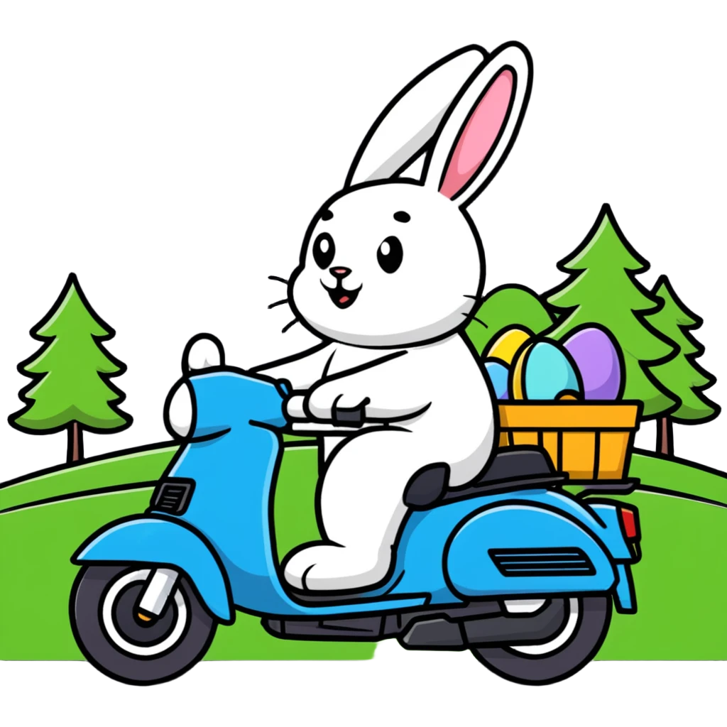 Easter bunny riding a BMW boxer motorcycle with trees and grass in the background emoji