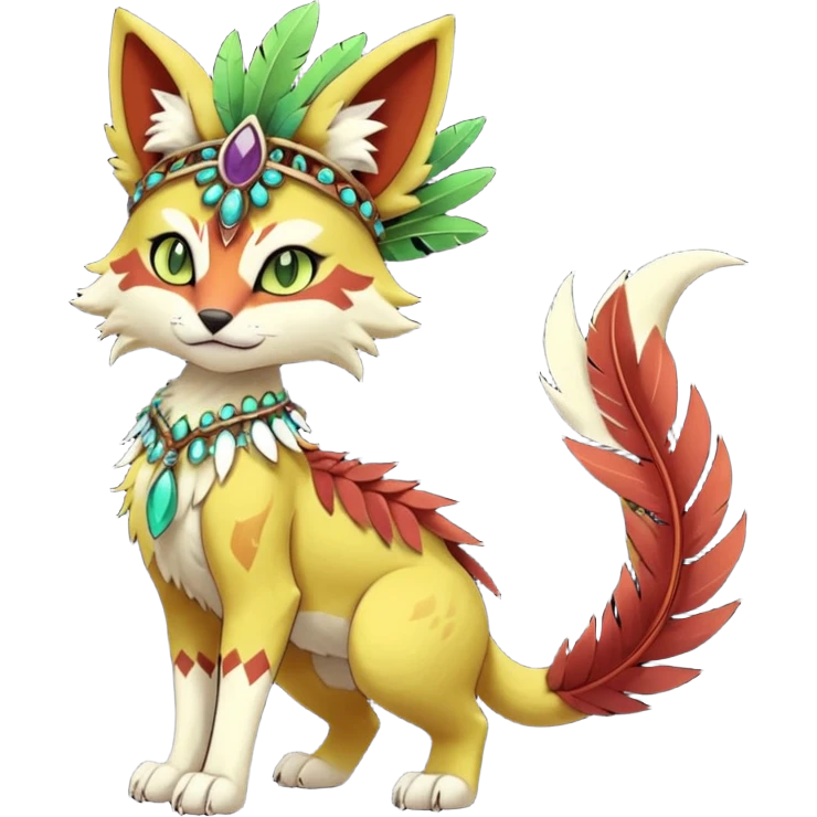 Kawaii cute reddish orangish yellowish greenish purplish exotic tribal beautiful pretty elegant divine edgy feline-vernid-sergal-Fakémon-Pokémon-Digimon-fursona-animal-creature with bracelet, necklace, full body, with intricate detailed markings, feather headdress  emoji