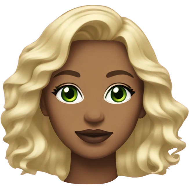 A strong woman with bright green eyes, wavy medium length, asymmetrical, blonde hair and soft pink lips ￼ emoji