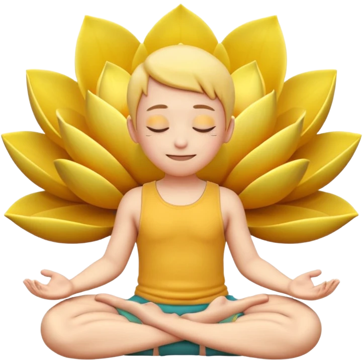 A 3D Apple-style yellow round emoji sitting in a lotus position, eyes gently closed, calm and peaceful smile, hands resting on knees with palms facing upward, relaxed eyebrows, soft glow around the emoji to symbolize inner peace, clean minimal background. emoji
