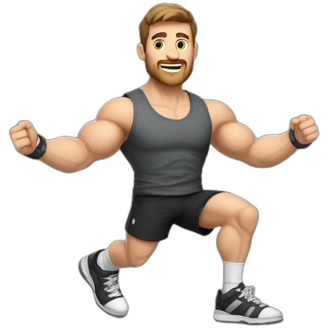 Full height realistic Actively gesturing with hands Pale skinned Fit Man With the biceps and brown hair in dark gray Sleeveless Mike, black oversize sports shorts, watch and white Sneakers emoji