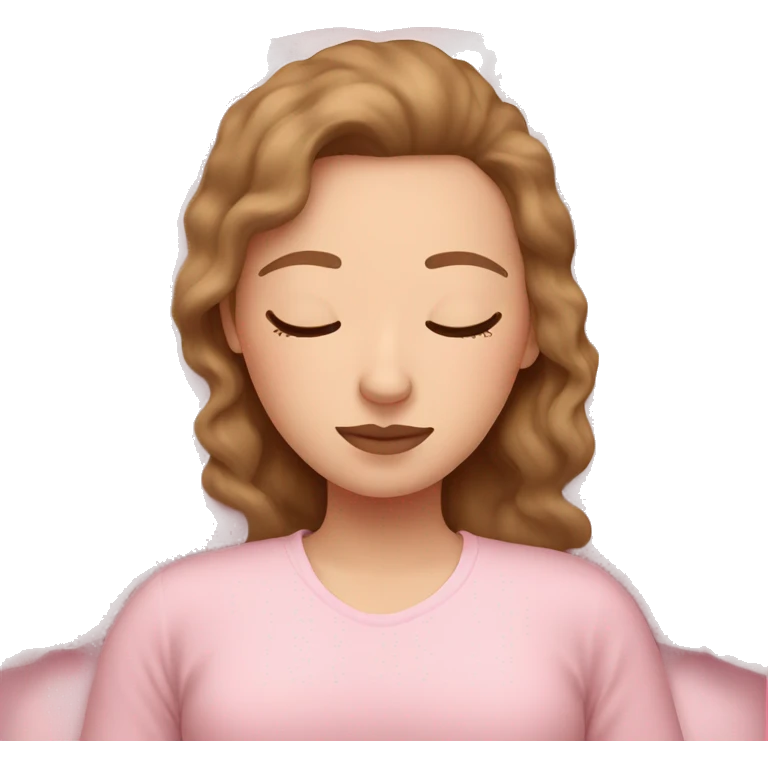 White girl with brown air sleeping in a pastel pink bed emoji