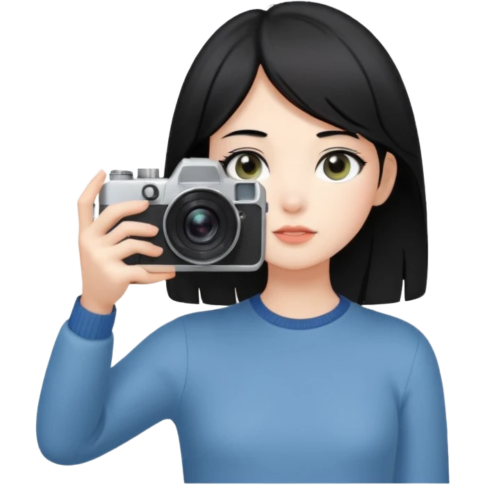 A young fair-skinned girl with o black hair holding a camera up to her eye, looking through the viewfinder, standing in natural light, soft focus background, candid photography style, wearing a minimalist outfit, artistic and modern atmosphere. With four fingers emoji