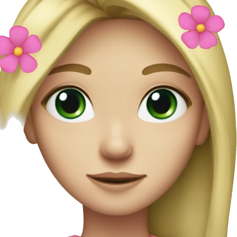 Young woman, long blond straight hair, dark green eyes and a pink flower in her hair  emoji