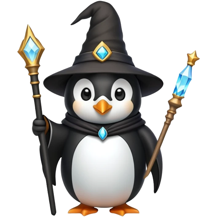 penguin wizard with magic staff and pointy hat emoji