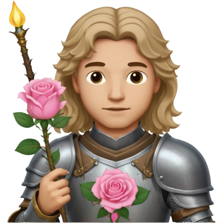 A male knight in armor with long wavy dark blonde hair and light skin tone holding a light pink rose  emoji