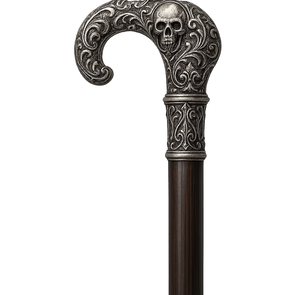 ornate cane in aristocrat goth style, silver handle, dark wood, intricate details emoji