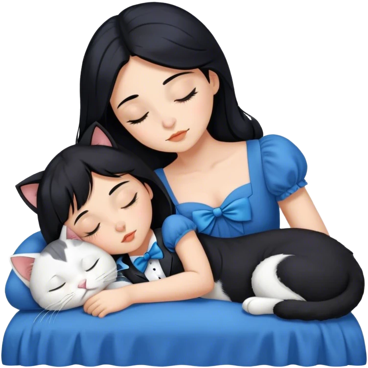 Beautiful black haired girl. Sleeping. Wearing a blue dress. Tuxedo cat sleeping next to her.  emoji