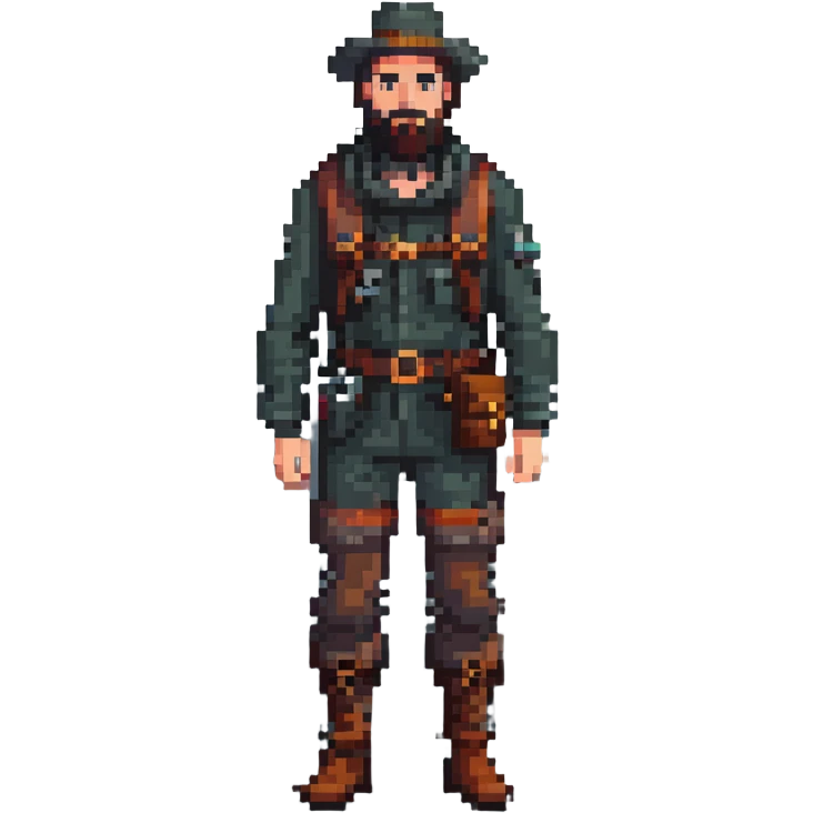 bearded man explorer with full body and detailed face, standing in fog emoji