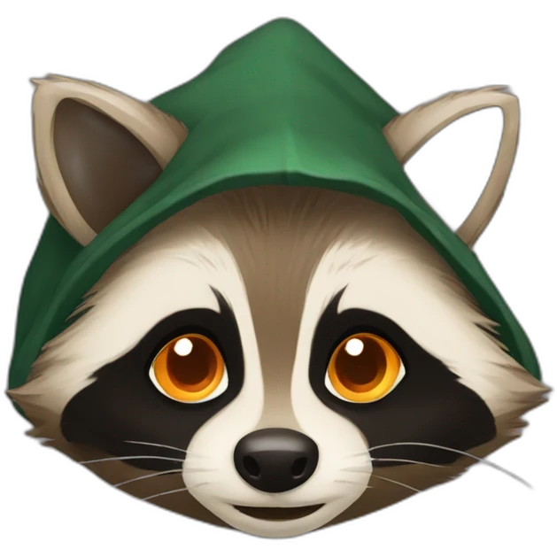 brown raccoon with orange eyes and a dark green hood that is smiling emoji