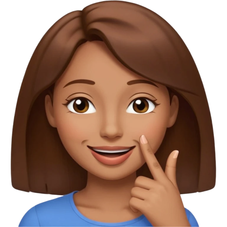 una mujer con un dedo en boca sonriendo y lps ojos en forma medio cerrados creando una curva de sonrisa pelo castaño emoji