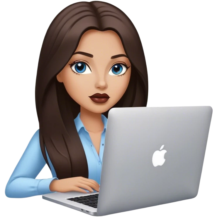 Glamours tanned very beautiful girl with pump mocha rose lips and dark chocolate straight smooth long hair, blue-grey eyes with MacBook emoji