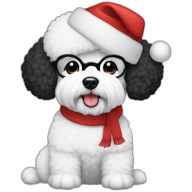 woman-black hair-glasses-bichon dog-sitting-christmas hat emoji