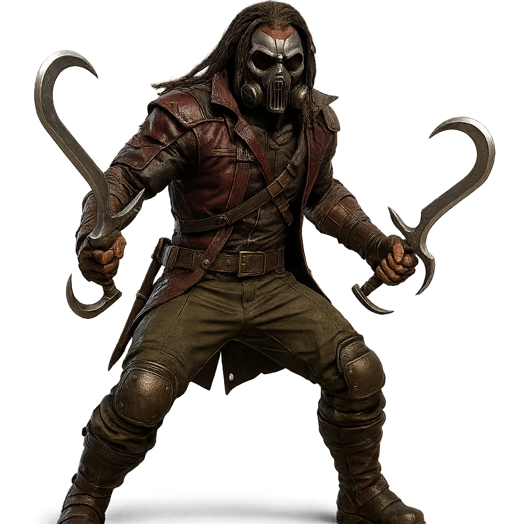 Kabal from Mortal Kombat, masked fighter with dual hookswords, menacing pose, detailed costume, video game character emoji