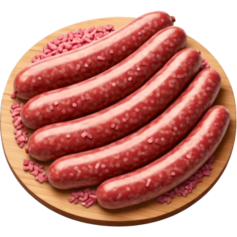 mound of raw sausage meat, coarsely ground, pinkish-red with white fat flecks, moist uneven texture, natural color variation, artisanal look, soft lighting, subtle shadows, no casing, no bowl, no tools, no faces, transparent background, emoji scale emoji