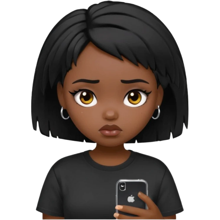 generate a pretty bratz girl with short black very messy hair, looking tired and using her phone, wearing an oversized black tshirt emoji