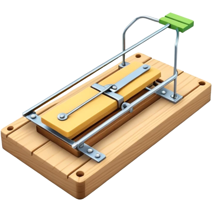A 3D emoji in iOS emoji aesthetic style of a classic mousetrap without cheese, showing a wooden base and metal spring mechanism, clean minimal design, bright lighting, glossy Apple-style look, white background. emoji