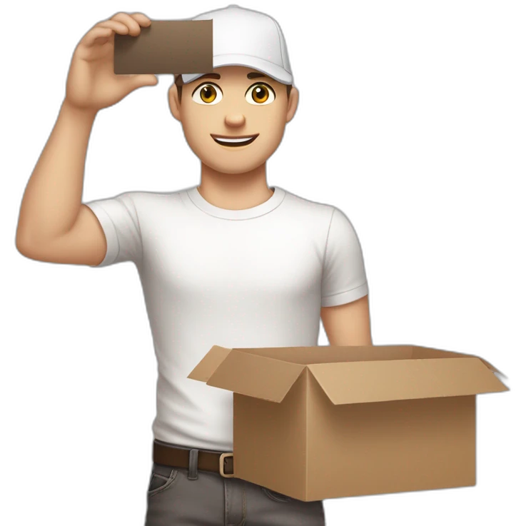 Pale skinned fit Man with dark brown hair in a light gray cap, dark brown jeans, brown polo and white T-shirt keeping a pasted with tape white box into his hands emoji