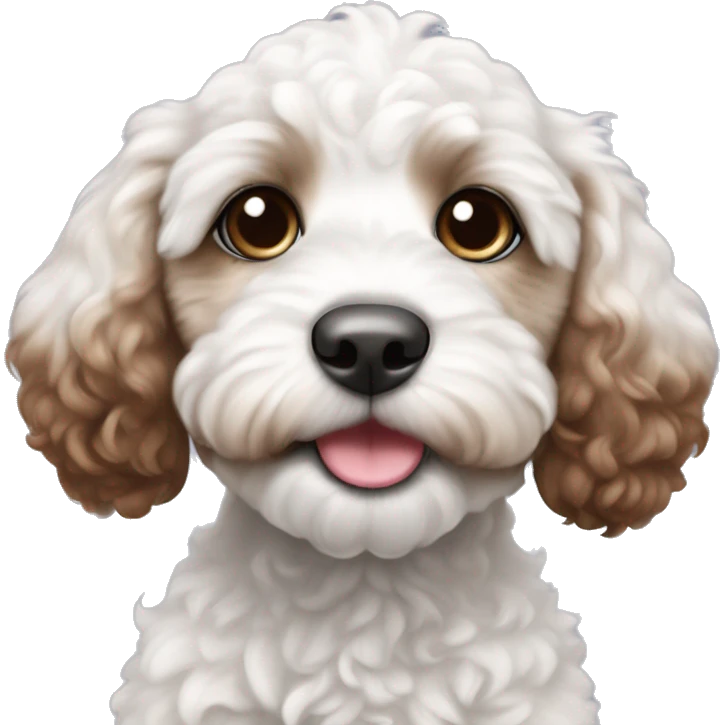 white and brown cockapoo puppy with pink nose, blue eyes,  emoji