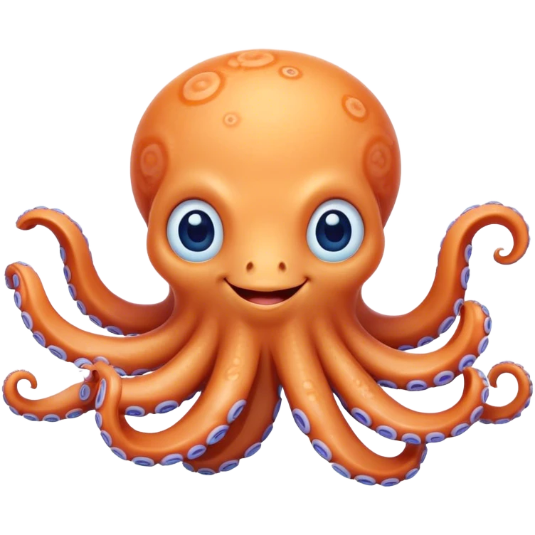 Cinematic Cute smiling Octopus Portrait Emoji, Head tilted playfully and inquisitively, featuring a rounded, light orange body embellished with playful blue rings, eight adorably curling arms, and big, twinkling eyes full of wonder, Simplified yet irresistibly adorable features, highly detailed, glowing with a warm, inviting underwater glow, high shine, affectionate and lively, stylized with a touch of whimsical cartoon charm, soft glowing outline, capturing the essence of a mischievous yet loving octopus that seems as if it could bob out of the screen into your arms! emoji