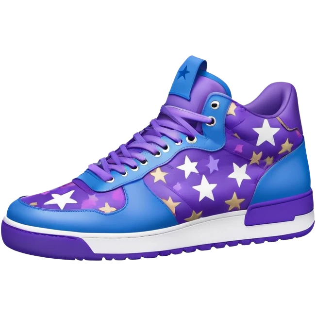Bape sneaker with star pattern, blue and purple colorway, low top athletic shoe with ape head logo emoji