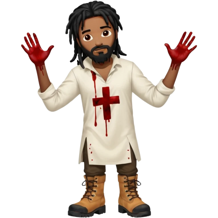 African American man with shoulder length black dreadlocks with black beard wearing a white tunic with blood on it wearing timberland boots with hands out emoji