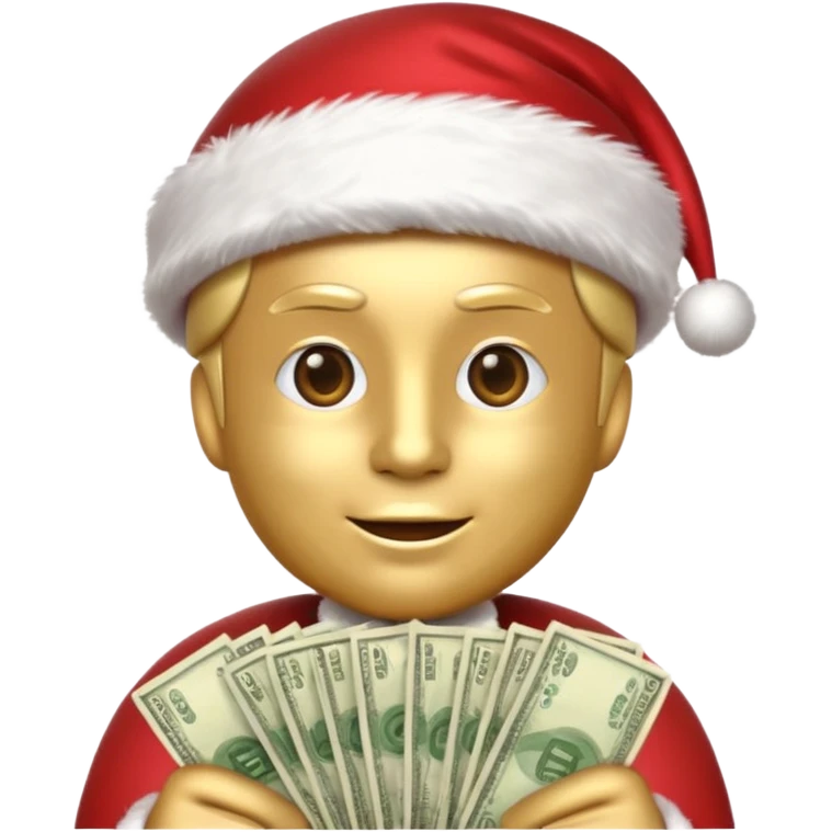 A confident rich emoji face wearing a Santa hat, money stacks, casino vibe, New Year theme, premium 3D emoji style, sharp details, no text, isolated on transparent background emoji