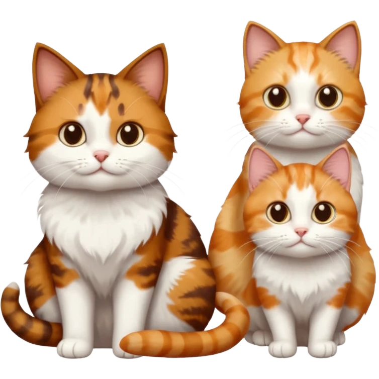 3 different coloured small cats including a dark brown tabby and white, and a patchy calico, and a ginger and white emoji