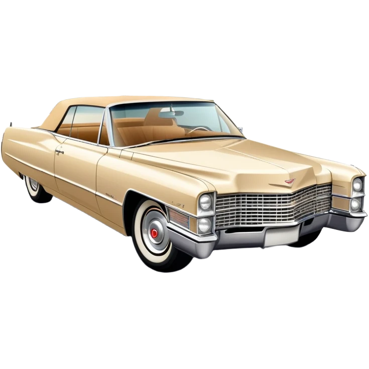 Elegant beige 1966 Cadillac DeVille with sharp details, consistent 30-degree perspective showing front and side, vintage luxury car styling, from Tarantino's Once Upon a Hollywood, iOS emoji style emoji