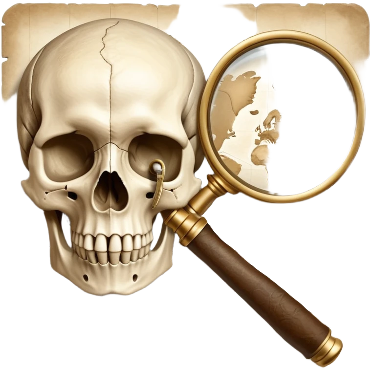 An icon featuring a human skull and fossils, representing anthropology. The design includes a magnifying glass and a map of ancient human migration paths, symbolizing the study of human evolution and cultures. Transparent background highlights the scientific exploration of humanity’s past. emoji